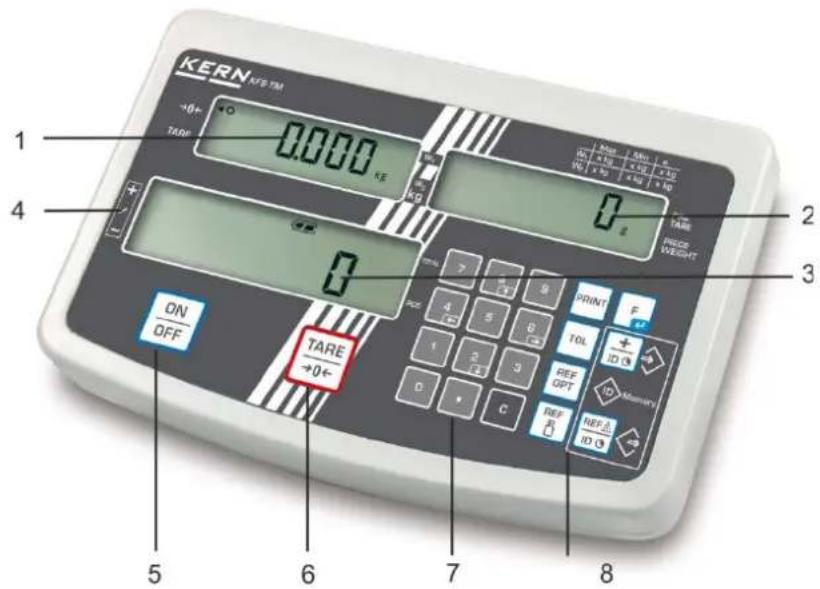 KERN XFS 7M +0+ TARE 0.0000 KE kg 0 2 PAGE WEIGHT 1 2 3 4 5 ON/OFF TARE +0+ 6 7 8 PRINT F TOL ID ON REF OPT REF ID REF ID