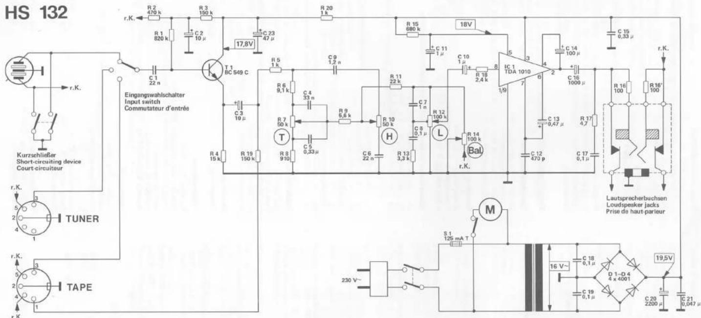 HS 132 r.K. R 2 470 k R 3 150 k C 2 10 μ C 23 47 μ R 20 1 k 18V R 15 680 k C 11 1 μ C 14 100 μ C 15 0,33 μ Eingangswahlschalter Input switch Commutateur d'entrée T 1 BC 549 C C 1 22 n C 3 10 μ R 5 1 k C 9 1,2 n R 6 9,1 k C 4 33 n R 9 5,6 k R 11 22 k C 10 1 μ R 18 2,4 k IC 1 TDA 1010 5 3 4 6 2 C 16 1000 μ r.K. Kurzschließer Short-circuiting device Court-circuitur TUNER r.K. 5 2 4 1 r.K. TAPE 230 V~ S 1 125 mA T M S 1 125 mA T 16 V~ C 18 0,1 μ D 1-D 4 4 x 4001 C 19 0,1 μ C 20 Z200 μ Lautsprecherbuchsen Loudspeaker jacks Prise de haut-parleur C 21 0,047 μ