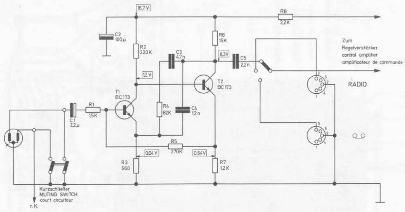 16,7 V R8 2,2K C2 100 μ R2 220 K C3 4,7 n 8,3 V C5 2,2 n T1 BC 173 T2 BC 173 R6 15 K 12 V R4 82 K C4 12 n R5 270 K 0,04 V 0,64 V R3 560 R7 1,2 K R1 1,5 K C1 2,2 μ R3 560 Kurzschließer MUTING SWITCH court circuiteur r. K. Zum Regelverstärker control amplifier amplificateur de commande RADIO