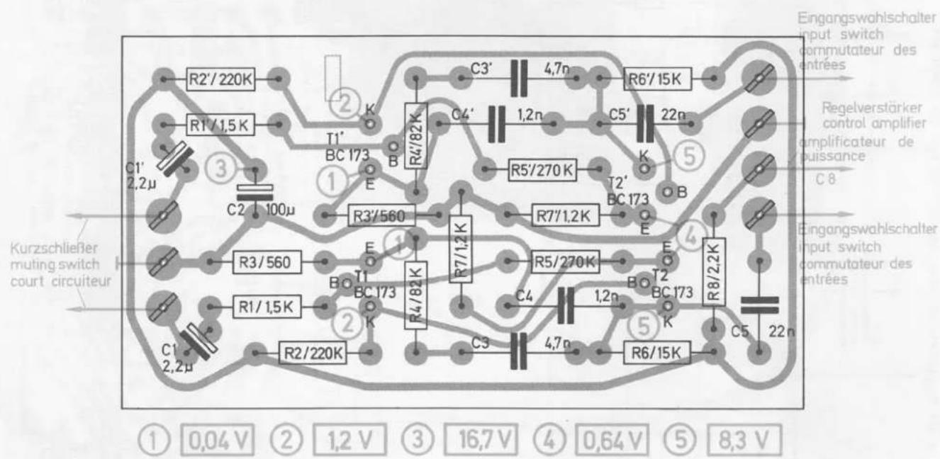 Eingangswahlschalter input switch commutateur des entrées Regelverstärker control amplifier amplificateur de puissance C8 Kurzschließer muting switch court circuiteur ① 0,04 V ② 1,2 V ③ 16,7 V ④ 0,64 V ⑤ 8,3 V R2'/220K R1'/1,5K C1' 2,2µ C2 100µ R3/560 R1/1,5K C1 2,2µ R2/220K R1' /1,5 K T1' BC 173 ① E R4/82K R4'/82K C3' 4,7n C4' 1,2n R5'/270K R7'/1,2K R7'/1,2K R5/270K C4 1,2n R6'/15K R6/15K C5 22n R8/2,2K T2' BC 173 E B E T2 BC 173 ⑤ K ④ ⑤ ⑥