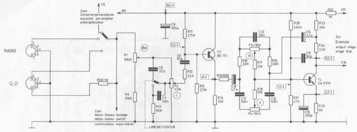 Zum Entzerravorverstärker equalizer pre-amplifier preamplificateur R6 19,5 V C8 500μ R11 2,7 M 5,5 V C9 01μ P1 500K Bal C6 22p R12 22K T3 BC 173 8 V R13 27M R15/680 C10 4,7 μ P3/50K B R16 3,9K R17 12K R19 3,9K C12 68n R20 220 K R23 15K C14 4,7 μ R24 2,2K C15 82p 5,2 V T4 2N 5376 Zur Endstufe output stage etage final. C16 250p R21 47K 2,7 V R25 1K R22 1K R39/1M R9 150K P2 1.3M L C7 68n R10 56K P3/50K C11 6,8n H P4/50 K LINEAR/CONTUR