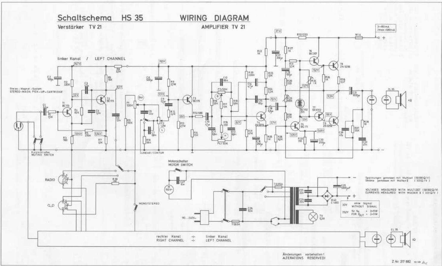 Schaltschema HS 35 WIRING DIAGRAM Verstärker TV 21 AMPLIFIER TV 21 Linker Kanal / LEFT CHANNEL C3 60μR R2 280K R1 15K T1 BC T73 R4 82K C4 12h T2 BC T73 C7 12m R5 180K P1 500K Bol C9 0μR C10 56K R11 27M B12 68n C13 BC T73 R13 27M R14 56K R15/580 L10 57μ C16 4.7μ P3/50K R17 12K C18 33K R19 33K C20 68p C21 68n R20 220K R21 15K R22 1K R23 15K R24 2.2K R25 1K IC30 67K IC30 67K IC30 67K IC30 67K IC30 67K IC30 67K IC30 67K IC30 67K IC30 67K IC30 67K IC30 67K IC30 67K IC30 67K IC-35A C27 60n C28 50n C29 22n C29 22n C29 22n C29 22n C29 22n C29 22n C29 22n C29 22n C29 22n C29 22n C29 22n C29 22n C29 22n C30 VOUT SIGNAL for Nq a 2×SW FOR FOUT a 2×SW rechter Kanal + linker Kanal RIGHT CHANNEL + LEFT CHANNEL Änderungen vorbehalten! ALTERATIONS RESERVED Z.Nr. 217 682