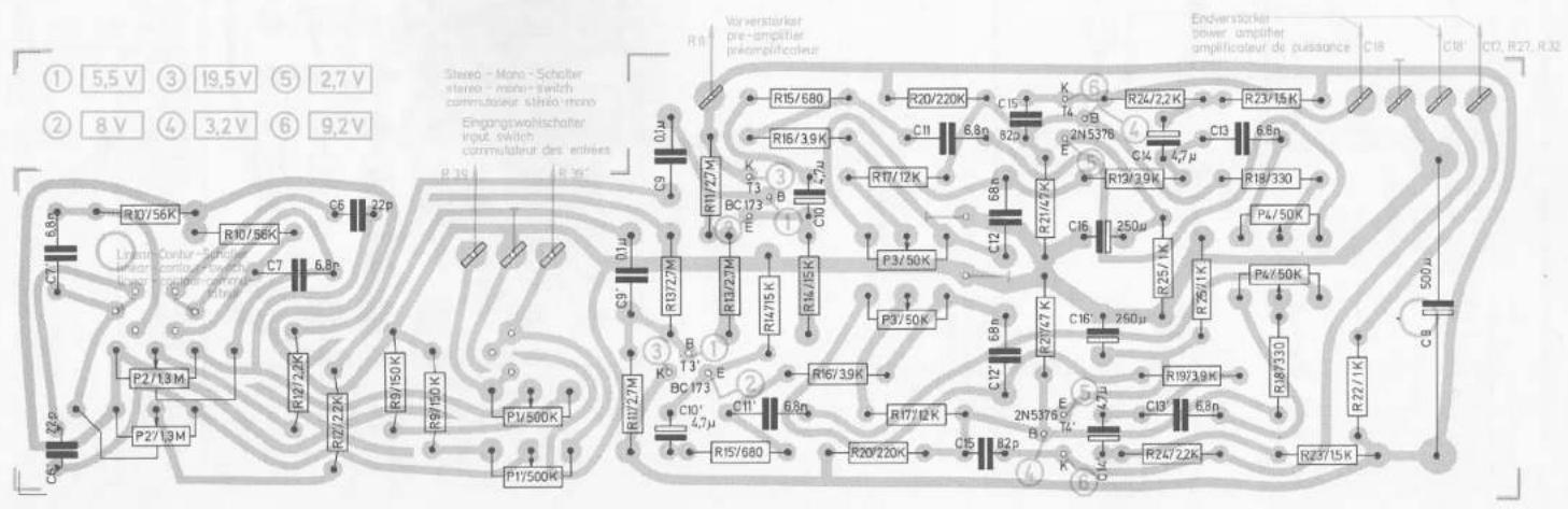 ① 5,5 V ③ 19,5 V ⑤ 2,7 V ② 8 V ④ 3,2 V ⑥ 9,2 V Stereo - Mono - Scholter stereo - mono - switch commutéor siolo mono Eingangsweltscheller input switch: commutéor des entries R15/680 R20/220K R24/2,2K R23/15K Endversterker- power amplifier amplificateur de puissance C18 C18' C17, R22, R32 R15/680 R16/3.9K R17/12K R19/3.9K R18/330 R15/680 R20/220K R24/22K R23/15K C11 6.8n 82p C14 4.7μ C16 250μ C18 250μ C19 6.8n C20 6.8n C21 6.8n C22 6.8n C23 6.8n C24 6.8n C25 6.8n C26 6.8n C27 6.8n C28 6.8n C29 6.8n C30 6.8n C31 6.8n C32 6.8n C33 6.8n C34 6.8n C35 6.8n C36 6.8n C37 6.8n C38 6.8n C39 6.8n C40 6.8n C41 6.8n C42 6.8n C43 6.8n C44 6.8n C45 6.8n C46 6.8n C47 6.8n C48 6.8n C49 6.8n C50 6.8n C51 6.8n C52 6.8n C53 6.8n C54 6.8n C55 6.8n C56 6.8n C57 6.8n C58 6.8n C59 6.8n C60 6.8n C61 6.8n C62 6.8n C63 6.8n C64 6.8n C65 6.8n C66 6.8n C67 6.8n C68 6.8n C69 6.8n C70 6.8n C71 6.8n C72 6.8n C73 6.8n C74 6.8n C75 6.8n C76 6.8n C77 6.8n C78 6.8n C79 6.8n C80 6.8n