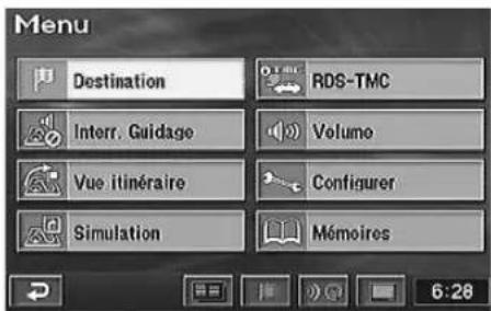 Menu Destination RDS-TMC Interr. Guidage Volume Vue itinéraire Configurer Simulation Mémoires 6:28