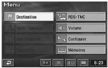 Menu Destination RDS-TMC Interr. Guidance Volume Vise l'indéraire Configurer Simulations Mémoires 6:23