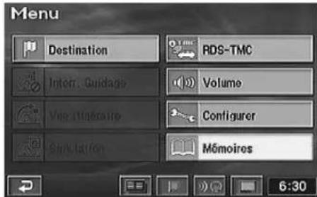 Menu Destination RDS-TMC Intem. Guidago Volume Vesuatingaire Configurer Simulation Mômoires 6:30