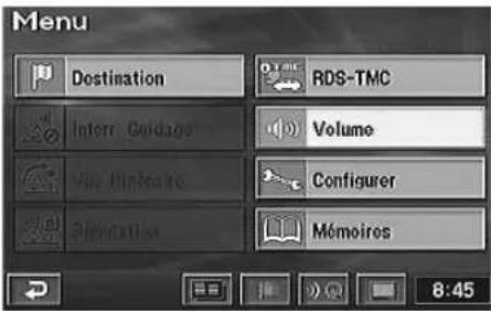 Menu Destination RDS-TMC Interr. Guidage Volume Vise d'Influme Configurer Mémoires