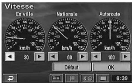 Vitesse En ville Nationale Autoroute km/h 30 60 100 Défaut OK 8:39