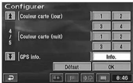 Configurer ↑ [Couleur carte (jour)] 1 2 4 / [Couleur carte (nuit)] 3 4 5 1 2 3 4 ↓ [GPS info.] Info. Défaut OK 8:46