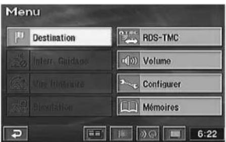 Menu Destination RDS-TMC Interr. Guidance Volume Vise finérate Configurer Simulation Mémoires 6:22
