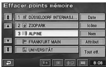 Effacer points mémoire 1 DÜSSELDORF INTERNASJ... Date 2 ZOOPARK Iconé 3 ALPINE Nom FRANKFURT MAIN Attribut UNIVERSITÄT Tout eff. 8:08