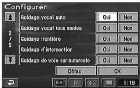Configurer Guidage vocal auto Guidage vocal tous modes Guidage frontière Guidage d'intersection Guidage de voie sur autoroute Oui Non Oui Non Oui Non Oui Non Oui Non Oui Non Défaut OK 1:19