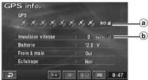GPS info. GPS Impulsion vitesse : 0 km/h Batterie : 12.8 V Frein à main : Oui Eclairage : Non 8:47