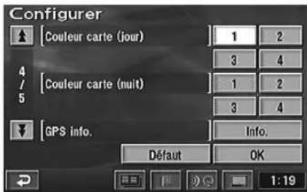 Configurer [Couleur carte (jour)] 1 2 4 / [Couleur carte (nuit)] 3 4 5 1 2 [GPS info.] Info. Défaut OK 1:19