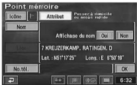 Point mémoire Icône Attribut Passer à domicile ou accès rapide Nom Affichage du nom Oui Non 7 KREUZERKAMP, RATINGEN, D Lat. : N51°17'25" Long. : E 6°50'19" No.tél. OK 6:32