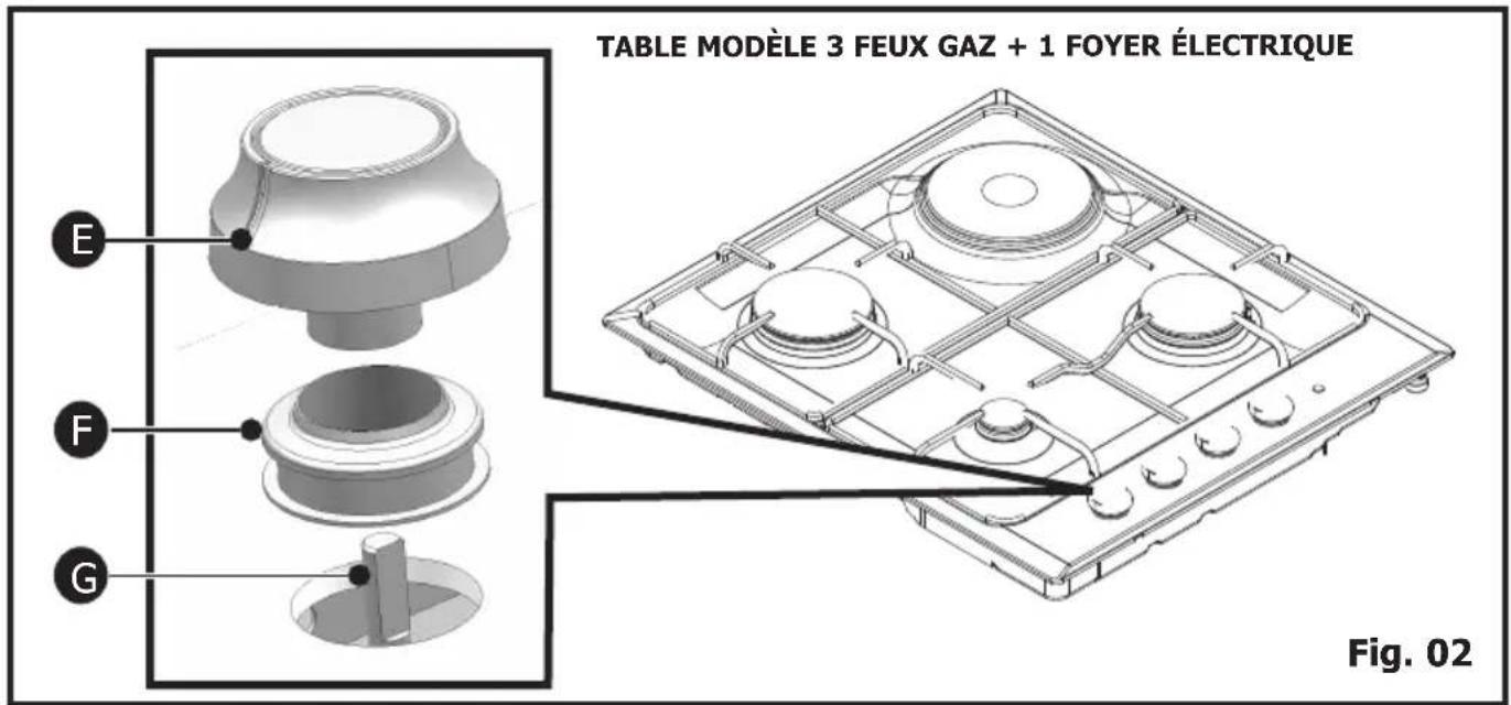 TABLE MODÈLE 3 FEUX GAZ + 1 FOYER ÉLECTRIQUE Fig. 02