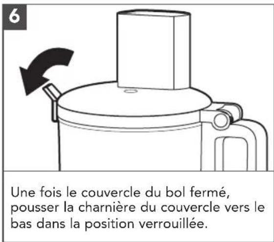 6 Une fois le couvercle du bol fermé, pousser la charnière du couvercle vers le bas dans la position verrouillée.