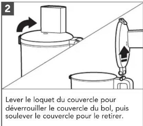 2 Lever le loquet du couvercle pour déverrouiller le couvercle du bol, puis soulever le couvercle pour le retirer.