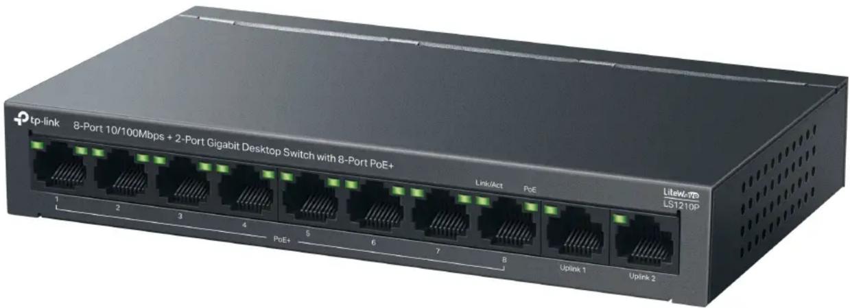 tp-link 8-Port 10/100Mbps + 2-Port Gigabit Desktop Switch with 8-Port PoE+ Link/Act PoE LiteW-LTD LS12TOP 1 2 3 4 PoE+ 5 6 7 8 Uplink 1 Uplink 2