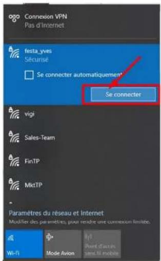 Connexion VPN Pas d'Internet festa_yves Sécurse Se connecter automatiquement Se connecter vigi Sales-Team FinTP MktTP Paramètres du réseau et Internet Modifier des parameters, pour rendre une connexion limitée. Wi-Fi Mode Avion Point d'aux sens fi mobile