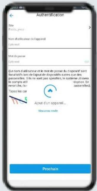 Authemification Site Fusits_yous Nom d'utilisateur de l'appareil Optionnel Mot de passe Optionnel (Le nom d'utilisateur et le mot de passe du dispositif sont facultatifs lors de la jout de dispositifs autres que des passerelles. Sils ne sont pas spécifiés, le système utilisera le compte et l revariche, ils : 100%option. En passerelles). Tapez les car Ajout d'un appareil... Nouveau code Prochain
