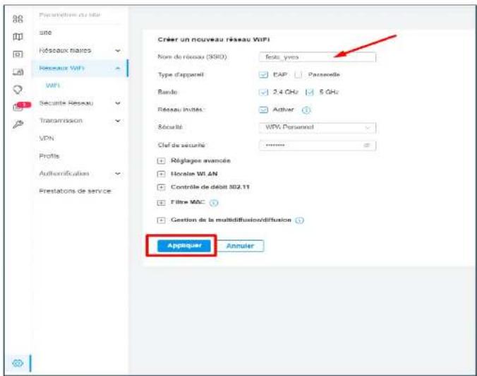 Presenirique du titre sune Réseaux haires Reseaux WiFi WiFi Securité Resseau Transmission VPN Profits Authentication Prestations de service Criér un nouveau réseau WiFi Nore de réseau (KSRD) feste, vbre Type d'appareil EAP Passerelle Rando 2,4 GHz 5 GHz Réseau unités: Adher Résourité: WiFi, Personnel Cluf de sécurité Régages avancée Hormale WLAN Contrôle de débit 302.11 Filtre MAC Gestion de la multidiffusion/diffusion Appiquer Annuler