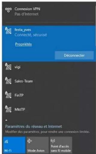 Connexion VPN Pas d'Internet festa_vives Connecté, sécurisé Propriétés Déconnecter vigi Sales-Team FinTP MktTP Paramètres du réseau et Internet Modifier des paraméties, pour rendre une connexion limitée. Wi-Fi Mode Avion Point d'accès sans li mobile
