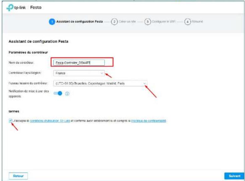 tp-link Festo Assistant ce configuration Festa —— 2 Créer un site —— 3 Configurer le WiFi —— 4 Résumé Assistant de configuration Festa Paramètres du contrôleur Nom du contrôleur: Festa Controller_05A477 Contrôleur Pays/Région: France Fuseau histoire du contrôleur: (UTC+01.00) Bruxelles, Copenhagen, Madrid, Paris Notification de mise à jour des apparels ① termes Jaccepte la conditions dutilisation. TP Link et confirms avoir entraînent lui et compris le Portique de continentalisé Retour Suivant