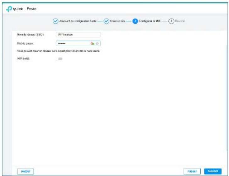 tp-link Fosta Assistant de configuration Fosta Chien un site Configener le WIFI Réservé Nom de réseau (SSD): WIFI maison Mot de passe: ---------------- Vous pouvez créer un réseau WIFI ouvert pour vos limités si nécessaire. WIFI invite: Récours PASSIVE Subventions