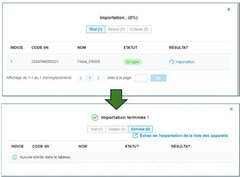 Importation...(0%) Tout (1) Réussi (0) Echoué (0) INDICE CODE SN NOM STATUT RÉSULTAT 1 22445R8000221 Festa_ER205 En ligne Importation. Affichage de 1-1 du 1 d'enregistrements < 1 > Aller à la page: VA Importation terminée ! Tout (1) Réussi (1) Echoué (0) Échec de l'exportation de la liste des appareils INDICE CODE SN NOM STATUT RÉSULTAT Aucune entrée dans le tableau.