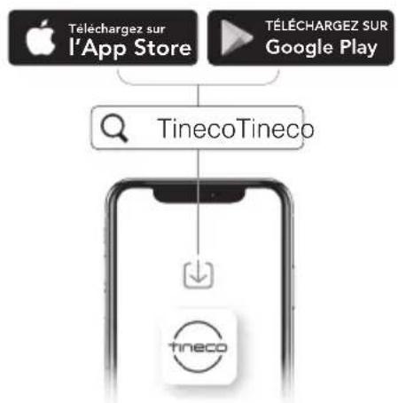 graph TD A["Apple"] -->|Téléchargez sur l'App Store| C["TinecoTineco"] B["Google Play"] -->|TÉLÉCHARGEZ SUR Google Play| C C --> D["Down arrow to iPhone icon"] C --> E["Down arrow to iPhone icon with 'tineco' label"]