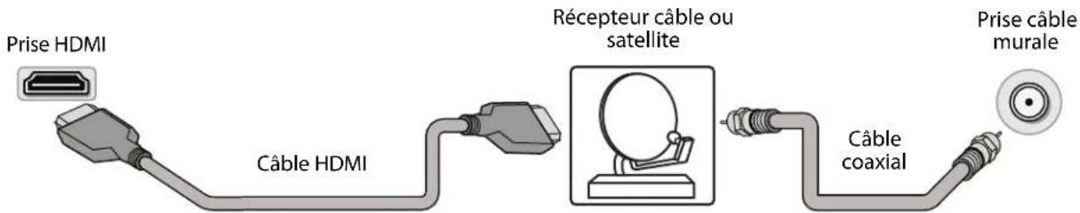 Prise HDMI Câble HDMI Récepteur câble ou satellite Câble coaxial Prise câble murale