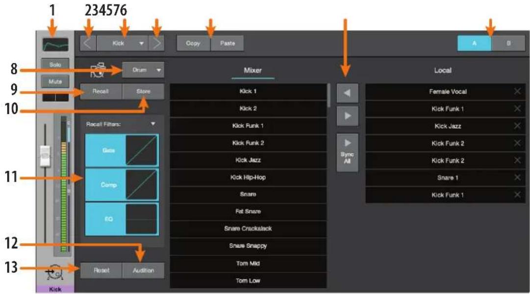 234576 1 Kick Copy Paste Solo Mute Drums Recall Store Mixer Local Kick 1 Kick 2 Kick Funk 1 Kick Funk 2 Kick Jazz Kick Funk 2 Kick Funk 2 Snare 1 Kick Funk 1 Sync All Recall Filters: Gates Comp EQ Reset Audition 10 8 9 11 12 13 Kick