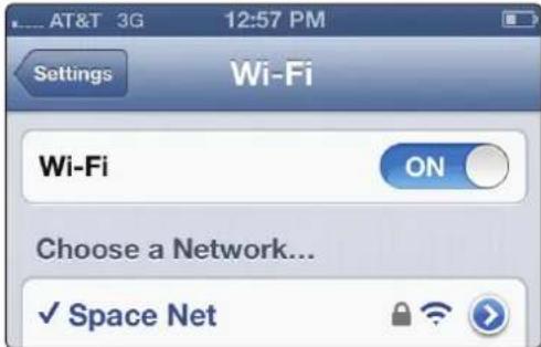 AT&T 3G 12:57 PM Settings Wi-Fi Wi-Fi ON Choose a Network... ✓ Space Net