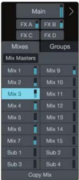 Main FX A FX B FX C FX D Mixes Groups Mix Masters Mix 1 Mix 9 Mix 2 Mix 10 Mix 3 Mix 11 Mix 4 Mix 12 Mix 5 Mix 13 Mix 6 Mix 14 Mix 7 Mix 15 Sub 1 Sub 2 Sub 3 Sub 4 Copy Mix