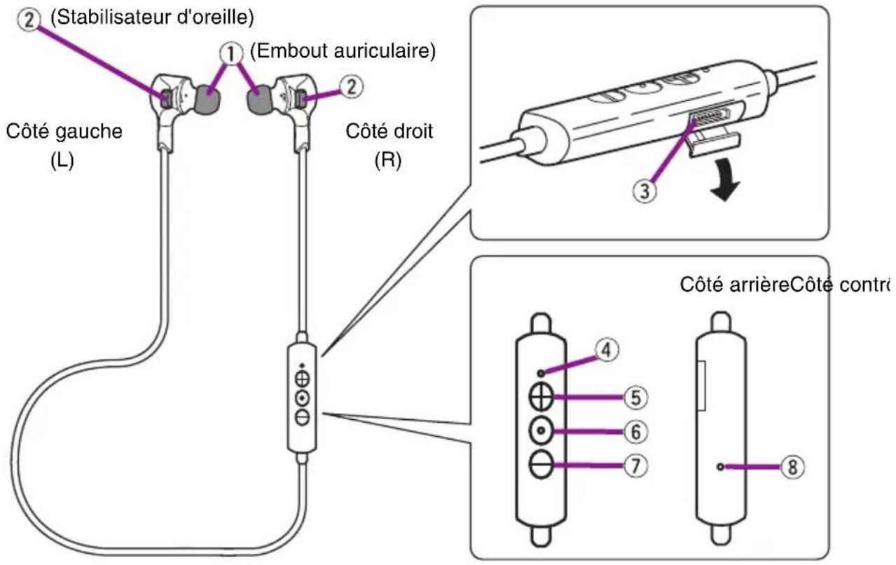 (Stabilisateur d'oreille) (Embout auriculaire) Côté gauche (L) Côté droit (R) Côté arrièreCôté contré