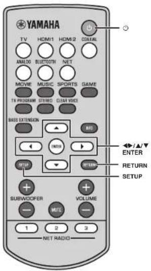 YAMAHA TV HOM1 HOM2 CHAM ANALOG BLUOTHT NET MOVIE MUSIC SPORTS GAME TV PROGRAM STUDIO CLEAR BASS EXTENSION INTERR HOM RETURN SUBWOOFER VOLUME MUTE NET RADIO INPUT ENTER RETURN SETUP 1 2 3