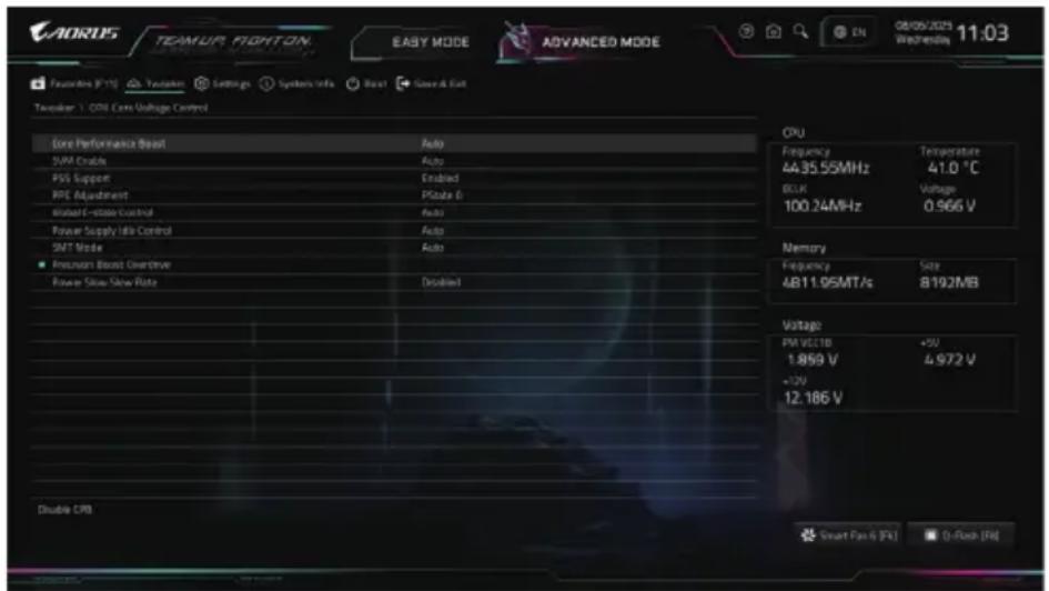 AORDS TEAMUR FIGHTON EASY MODE ADVANCED MODE 11:03 Fanoder (F15) Tausaker Settings Systems Info Boat Case & Exit Tausaker 1: CPU Core Voltage Control Core Performance Boost Auto SVM Enable Auto PSS Support Enabled PFE Adjustment Pitate 6 Wristel E-state Control Auto Power Supply I/B Control Auto SMT Mode Auto ■ Power beam Boost Onshore Power Slow Slow Rate Detabled CPU Frequency 44.35.55MHz Temperature 41.0 °C ECUH Voltage 100.24MHz 0.966 V Memory Frequency 4811.05MT/s Size 8192MB Voltage PM VCC1B +5V 1.869 V ±972 V +12V 12.186 V Double CPB Smart Pan & [PK] (-Flush [PK]