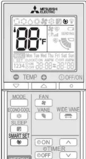 MITSUBISHI ELECTRIC '88°F SENDING MON Tue Wed Thu Fri Sat Sun SET CLOCK ON AMPM OFF AMPM 1234 ON 28:00-28:00 TEMP + OFF/ON MODE ECONO COOL SLEEP SMART SET FAN VANE WIDE VANE ON TIMER OFF