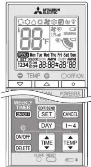 MITSUBISHI ELECTRIC 88°F WEEKLY Mon Tue Wed Thu Fri Sat Sun SET CLOCK/ON AMPM OFF AMPM 1234 ON OFF 28:08$38:08 TEMP + OFF/ON WEEKLY POWERFUL TIMER EDIT/SEND ON/OFF SET CANCEL DAY 1~4 ON/OFF TIME TEMP DELETE CLOCK RESET