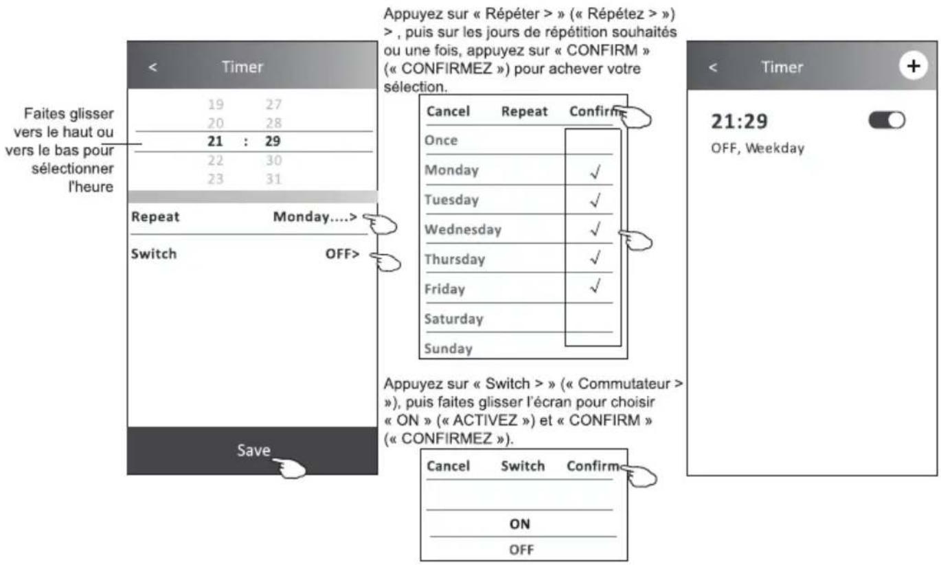 Appuyez sur « Répéter » (« Répétez ») >, puis sur les jours de répétition souhaités ou une fois, appuyez sur « CONFIRM » (« CONFIRMEZ ») pour achever votre sélection. Faites glisser vers le haut ou vers le bas pour sélectionner l'heure 19 27 20 28 21 : 29 22 30 23 31 Repeat Monday.... Switch OFF> Save Cancel Repeat Confirme Once Monday ✓ Tuesday ✓ Wednesday ✓ Thursday ✓ Friday ✓ Saturday Sunday Appuyez sur « Switch » (« Commutateur »), puis faites glisser l'écran pour choisir « ON » (« ACTIVEZ ») et « CONFIRM » (« CONFIRMEZ »). Cancel Switch Confirme ON OFF Timer 21:29 OFF, Weekday