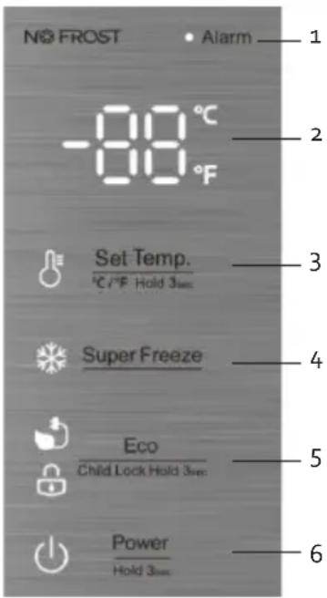 NO FROST • Alarm -80 °C -80 °F Set Temp. 1°C /°F Hold 3sec Super Freeze Eco Child Lock Hold 3sec Power Hold 3sec