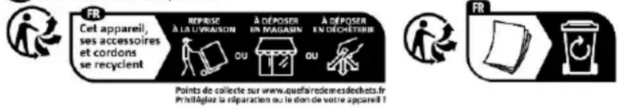 FR Cet appareil, ses accessoires et cordons se recyclent REPRISE À LA LIVRAISON A DÉPOSER IN MAGAZIN A DÉPOSER EN DÉCHETERIE OU OU Points de collecte sur www.quefairedieresdechets.fr Préditégiez la réparation ou le don de votre appareil 1 FR