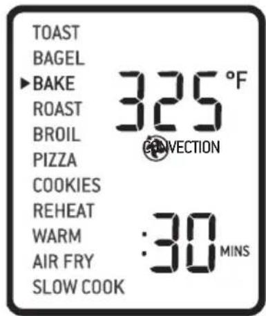 TOAST BAGEL ▶BAKE 325°F ROAST BROIL PIZZA COOKIES REHEAT :30 MINS WARM AIR FRY SLOW COOK