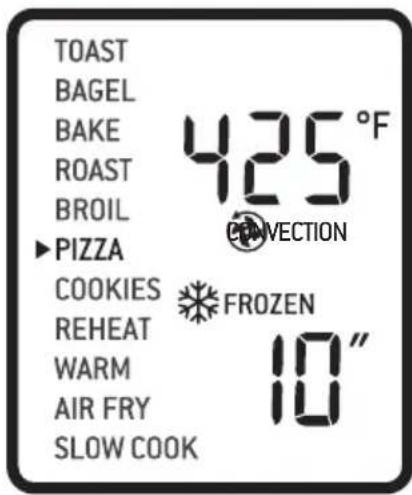 TOAST BAGEL BAKE ROAST BROIL ▶PIZZA COOKIES REHEAT WARM AIR FRY SLOW COOK 425°F CONVECTION FROZEN 10"