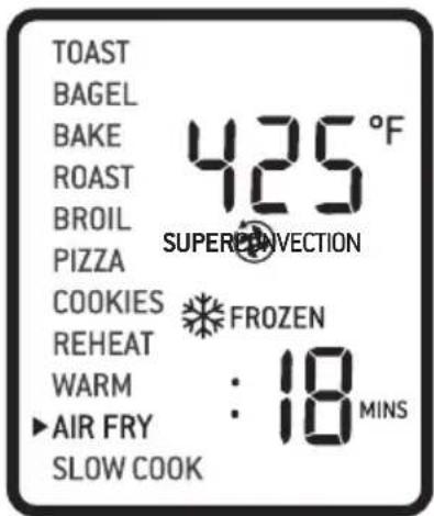 TOAST BAGEL BAKE ROAST BROIL PIZZA COOKIES REHEAT WARM ▶ AIR FRY SLOW COOK 425°F SUPERCONVECTION FROZEN : 18 MINS