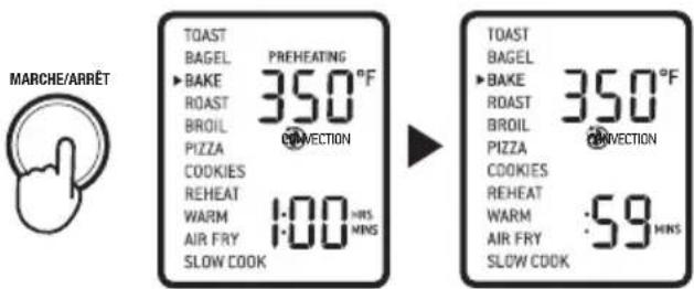MARCHÉ/ARRÊT TOAST BAGEL PREHEATING BAKE 350°F ROAST BROIL PIZZA COOKIES REHEAT WARM AIR FRY SLOW COOK 1:00 HRS MINS TOAST BAGEL 350°F BAKE ROAST BROIL PIZZA COOKIES REHEAT WARM AIR FRY SLOW COOK 59 HRS