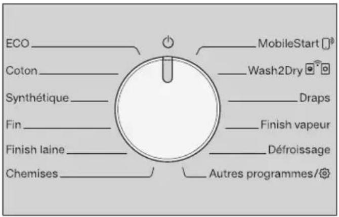 ECO Coton Synthétique Fin Finish laine Chemises MobileStart Wash2Dry Draps Finish vapeur Défroissage Autres programmes/