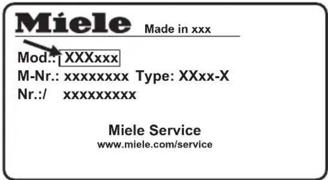 Miele Made in xxx Mod.: XXXxxx M-Nr.: xxxxxxxx Type: XXxx-X Nr.:/ xxxxxxxxxx Miele Service www.miele.com/service
