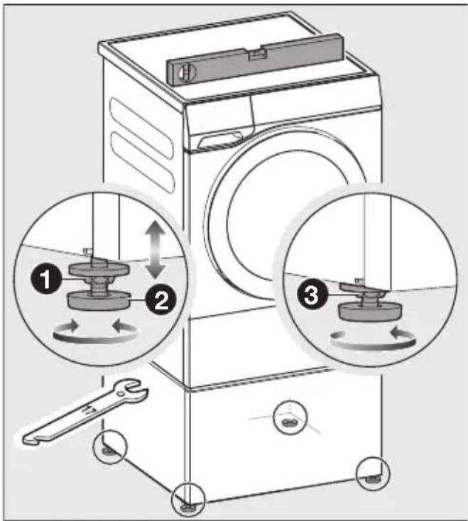 MIELE WTS 610 - Jalustan jalkojen suoristus ja kiristys vastamuttereilla - 1